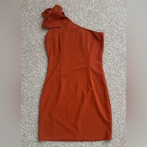 One-Shoulder Burnt Orange Bow-Accent Bodycon Dress